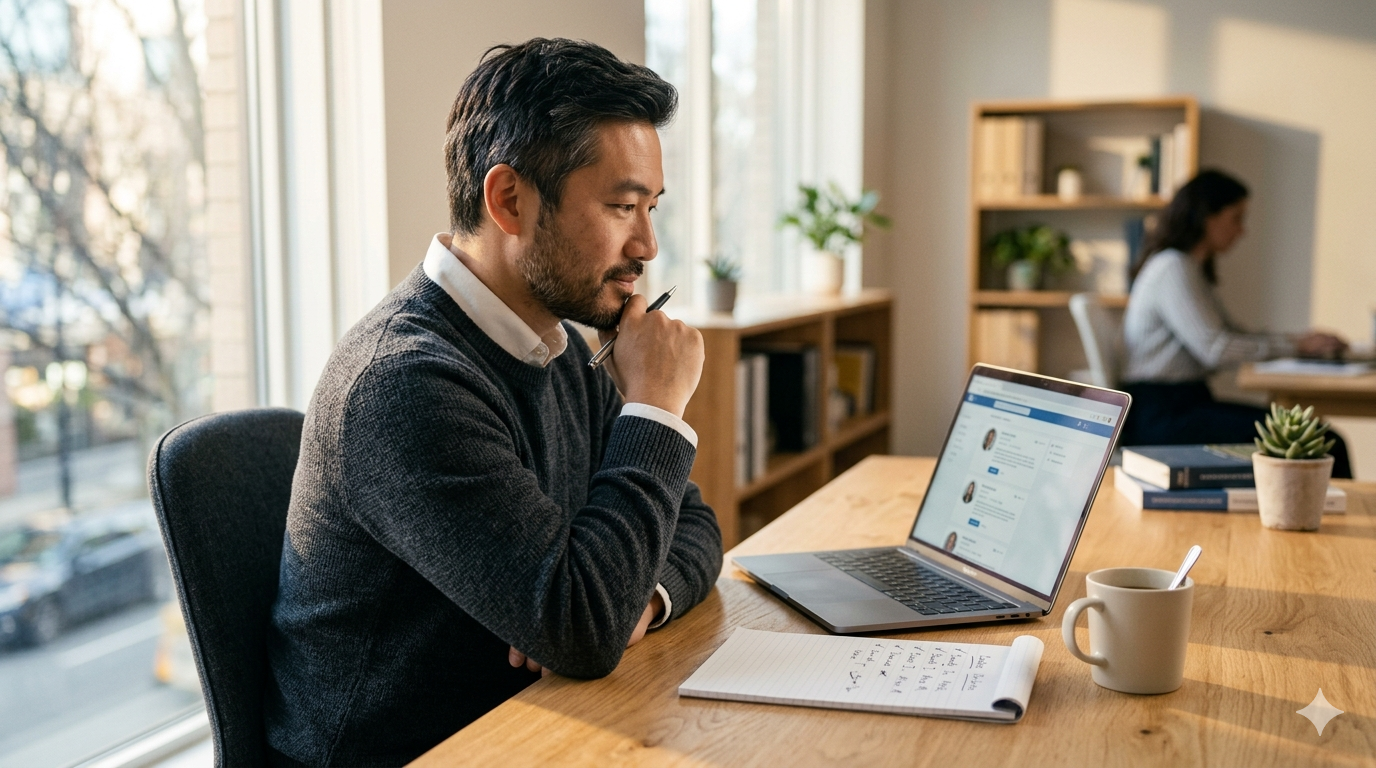 business owner reviewing remote support team candidate shortlist on laptop