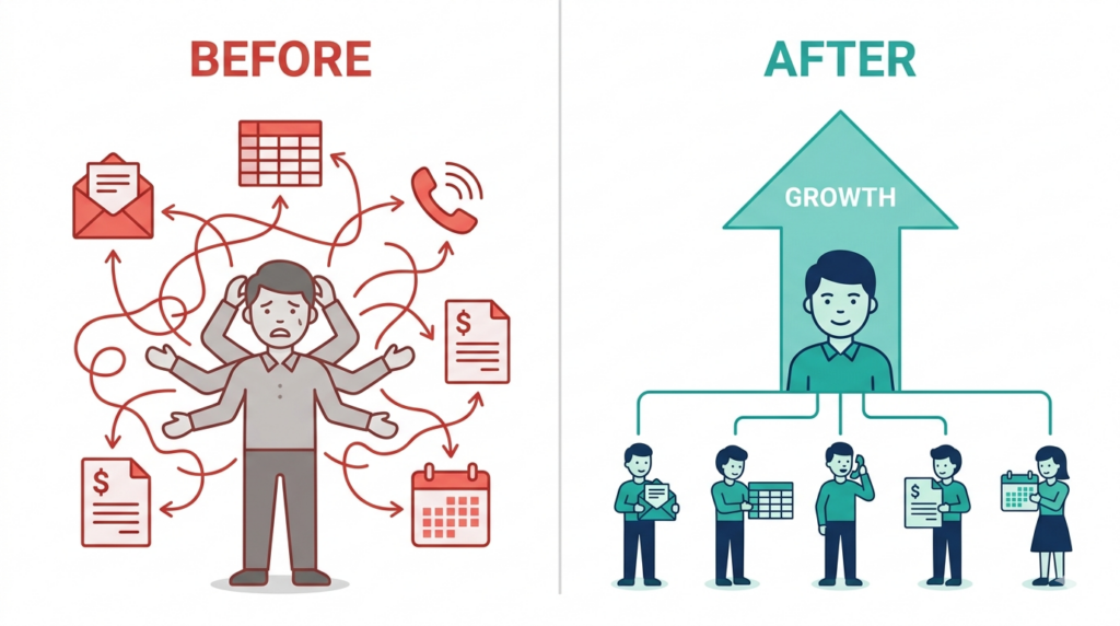 illustration showing team misalignment versus properly delegated roles in a small business