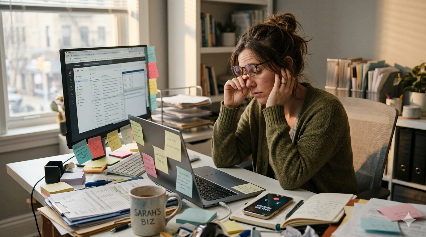 small business owner overwhelmed doing the wrong work at their desk