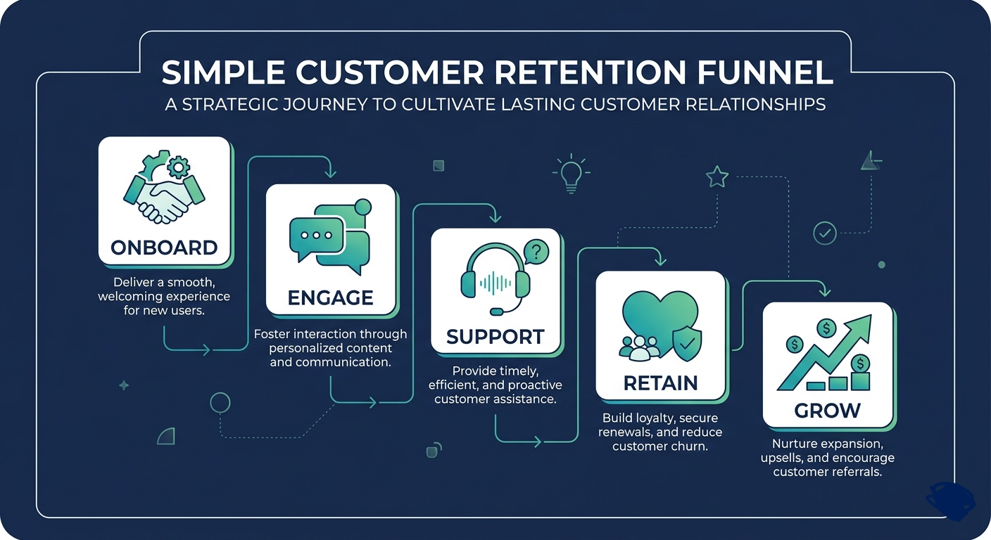 customer retention funnel showing five stages from onboarding to growth for small businesses