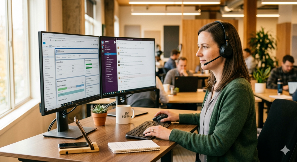 remote customer support professional thriving in dedicated home office role